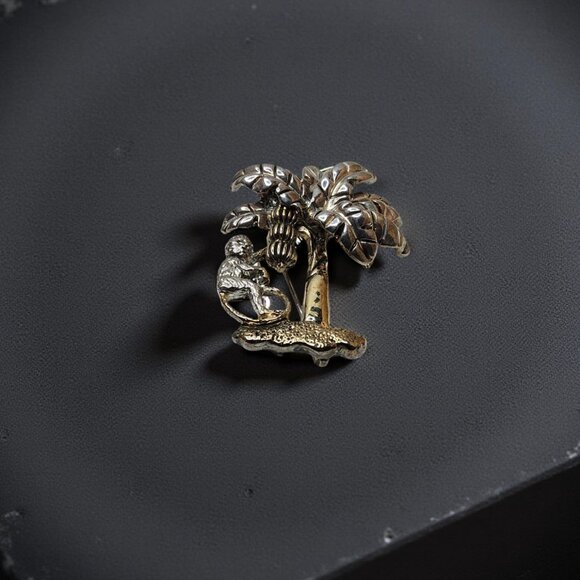 Vintage MJ Silver / Gold-Tone Monkey & Banana Tree Brooch Pin / Pendant - Picture 5 of 12